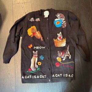The Quaker Factory Black Cat-Themed Cardigan Sweater - M